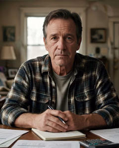 This photo captures a thoughtful homeowner looking directly at the camera with a worried and pensive expression. The man is sitting at a wooden dining table, wearing a plaid button-down shirt. The man has short, graying brown hair. The setting is his well-lit living room, which is cluttered with boxes, books, and household items. The warm light filters through the window in the background, creating a soft and inviting atmosphere. In front of him, there is a notepad and pen, a calculator, real estate documents, and a handwritten sign that reads, "CHANCE OF LOSS SELLING AS-IS" with various dollar amounts listed, including $25,000, $35,000, and $40,000 with a question mark next to them.