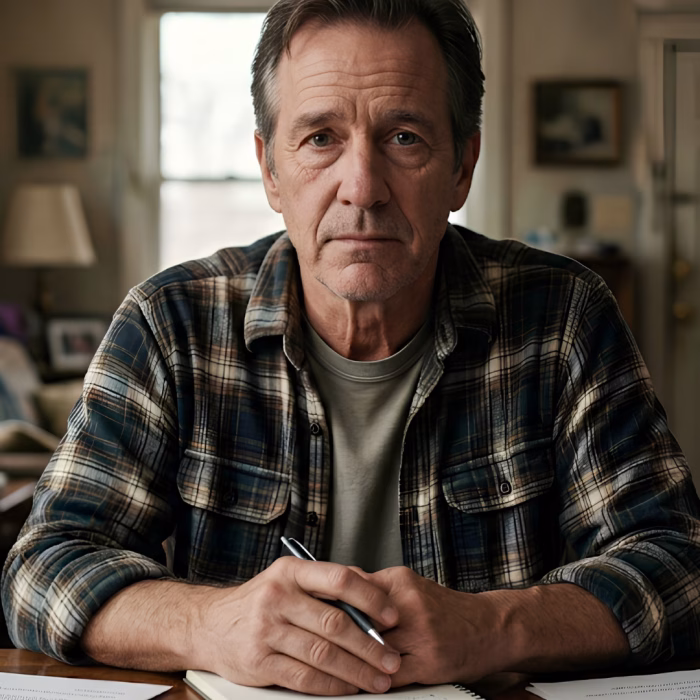 This photo captures a thoughtful homeowner looking directly at the camera with a worried and pensive expression. The man is sitting at a wooden dining table, wearing a plaid button-down shirt. The man has short, graying brown hair. The setting is his well-lit living room, which is cluttered with boxes, books, and household items. The warm light filters through the window in the background, creating a soft and inviting atmosphere. In front of him, there is a notepad and pen, a calculator, real estate documents, and a handwritten sign that reads, "CHANCE OF LOSS SELLING AS-IS" with various dollar amounts listed, including $25,000, $35,000, and $40,000 with a question mark next to them.