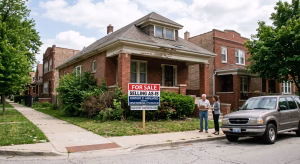 A wide-angle photograph of a Chicago-style, red-brick bungalow on a residential street on a partly cloudy day. In the foreground, a prominent red and white real estate sign reads: "FOR SALE", "SELLING AS-IS", "CENTURY 21 AFFILIATED